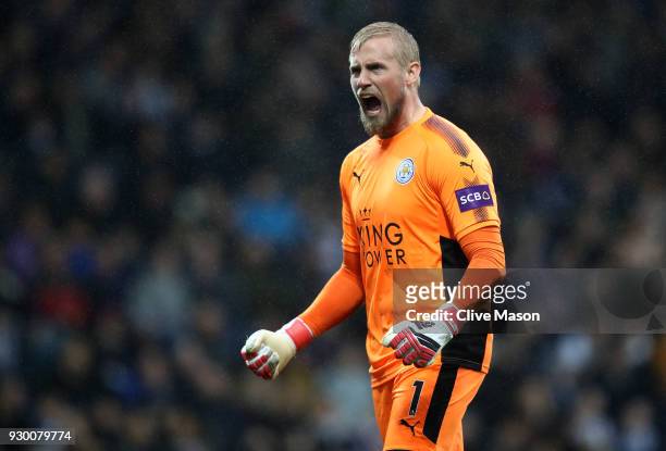 Kasper Schmeichel of Leicester City celebrates his side's first goal during the Premier League match between West Bromwich Albion and Leicester City...