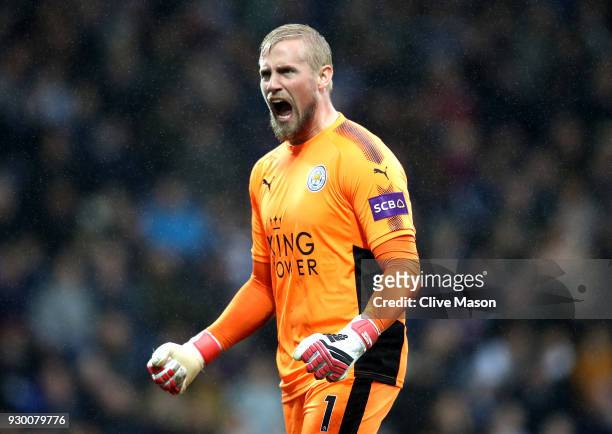Kasper Schmeichel of Leicester City celebrates his side's first goal during the Premier League match between West Bromwich Albion and Leicester City...