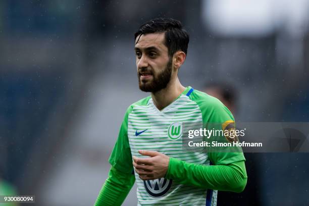 Yunus Malli of Wolfsburg reacts during the Bundesliga match between TSG 1899 Hoffenheim and VfL Wolfsburg at Wirsol Rhein-Neckar-Arena on March 10,...