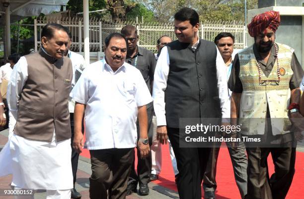 Leader Pandurang Fundkar, Eknath Khadse, CM Devendra Fadnavis and Sardar Tara Singh interact during the budget session at Vidhan Bhavan, on March 9,...