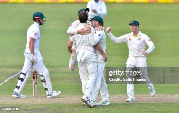 Mitchell Marsh of Australia celebrates the wicket of Theunis de Bruyn of South Africa during day 2 of the 2nd Sunfoil Test match between South Africa...