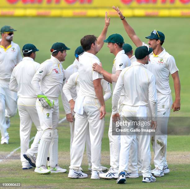 Mitchell Marsh of Australia celebrate the wicket of Theunis de Bruyn of South Africa during day 2 of the 2nd Sunfoil Test match between South Africa...
