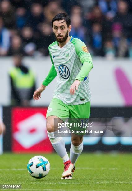 Yunus Malli of Wolfsburg controls the ball during the Bundesliga match between TSG 1899 Hoffenheim and VfL Wolfsburg at Wirsol Rhein-Neckar-Arena on...