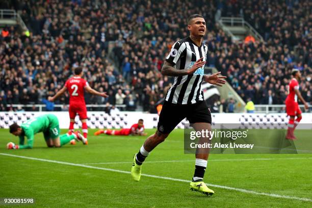 Kenedy of Newcastle United celebrates after scoring his sides second goal during the Premier League match between Newcastle United and Southampton at...