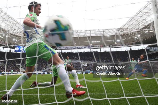 Nico Schulz of Hoffenheim scores a goal to make it 1:0 during the Bundesliga match between TSG 1899 Hoffenheim and VfL Wolfsburg at Wirsol...