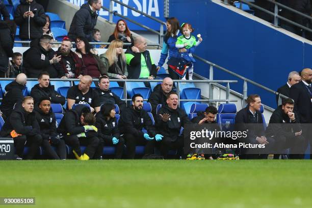 Birmingham City manager Gary Monk sits with a dejected bench after Craig Bryson of Cardiff City scores his sides second goal of the match during the...