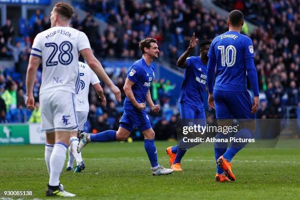 Craig Bryson of Cardiff City celebrates scoring his sides second goal of the match during the Sky Bet Championship match between Cardiff City and...