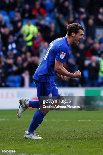 Craig Bryson of Cardiff City celebrates scoring his sides second goal of the match during the Sky Bet Championship match between Cardiff City and...