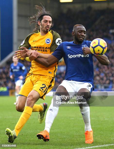 Matias Ezequiel Schelotto of Brighton and Hove Albion and Yannick Bolasie of Everton battle for the ball during the Premier League match between...