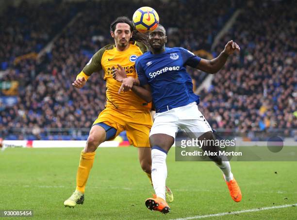 Matias Ezequiel Schelotto of Brighton and Hove Albion and Yannick Bolasie of Everton battle for the ball during the Premier League match between...