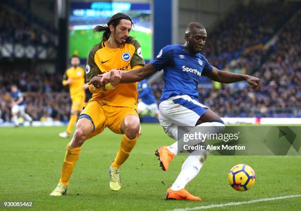 Matias Ezequiel Schelotto of Brighton and Hove Albion and Yannick Bolasie of Everton battle for the ball during the Premier League match between...