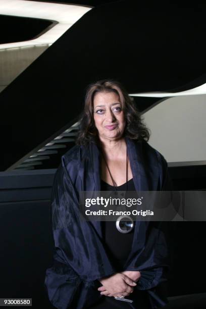 Architect Zaha Hadid poses during the Architectural Preview of the MAXXI Museum designed by herself on November 12, 2009 in Rome, Italy. Zaha Hadid...