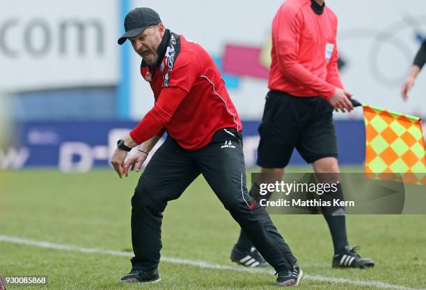 Head coach Steffen Baumgart of Paderborn shows his delight after winning the 3.Liga match between FC Hansa Rostock and SC Paderborn 07 at...