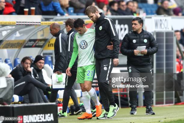 Josip Brekalo of Wolfsburg is scored of the pith due to injury during the Bundesliga match between TSG 1899 Hoffenheim and VfL Wolfsburg at Wirsol...