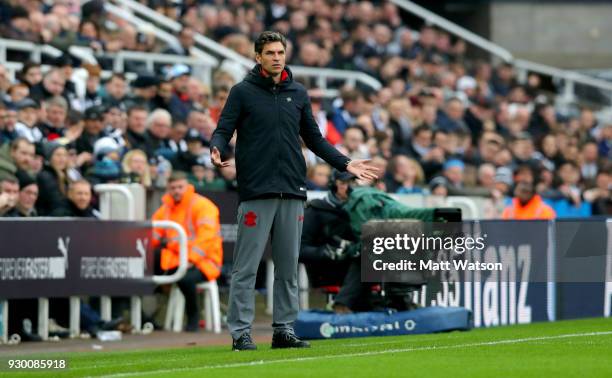 Mauricio Pellegrino manager of Southampton FC gestures during the Premier League match between Newcastle United and Southampton at St. James Park on...