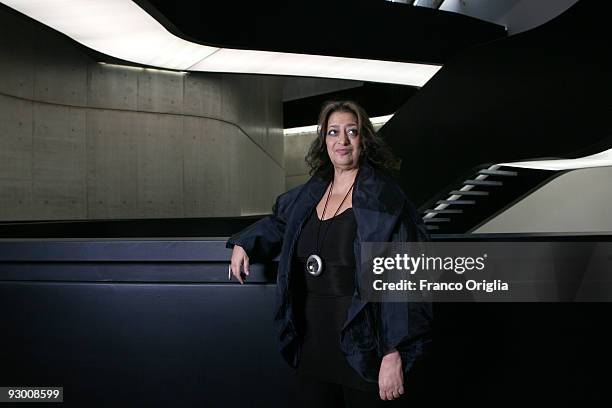 Architect Zaha Hadid poses during the Architectural Preview of the MAXXI Museum designed by herself on November 12, 2009 in Rome, Italy. Zaha Hadid...