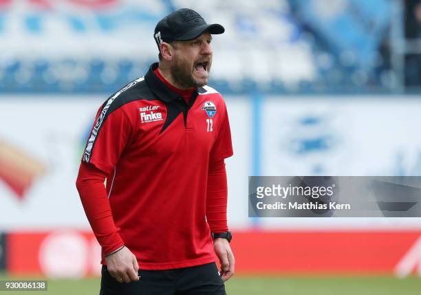 Head coach Steffen Baumgart of Paderborn gestures during the 3.Liga match between FC Hansa Rostock and SC Paderborn 07 at Ostseestadion on March 10,...