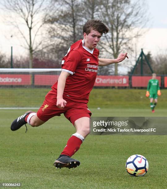 Jack Walls of Liverpool in action during the U18 Premier League match between Liverpool and Derby County at The Kirkby Academy on March 10, 2018 in...
