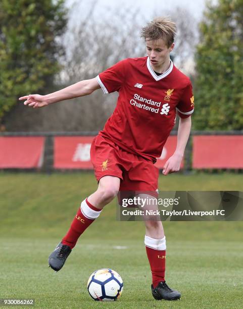 Niall Brookwell of Liverpool in action during the U18 Premier League match between Liverpool and Derby County at The Kirkby Academy on March 10, 2018...