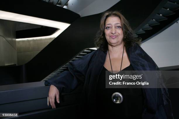 Architect Zaha Hadid poses during the Architectural Preview of the MAXXI Museum designed by herself on November 12, 2009 in Rome, Italy. Zaha Hadid...
