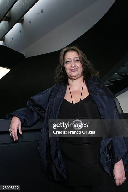 Architect Zaha Hadid poses during the Architectural Preview of the MAXXI Museum designed by herself on November 12, 2009 in Rome, Italy. Zaha Hadid...