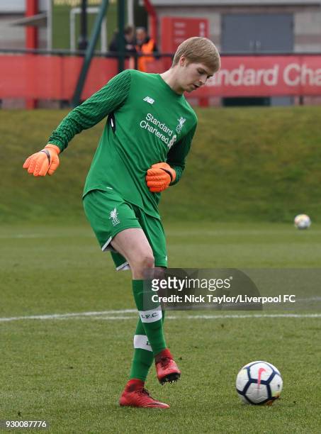 Caoimhin Kelleher of Liverpool in action during the U18 Premier League match between Liverpool and Derby County at The Kirkby Academy on March 10,...
