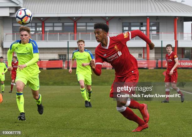 Abdi Sharif of Liverpool in action during the U18 Premier League match between Liverpool and Derby County at The Kirkby Academy on March 10, 2018 in...