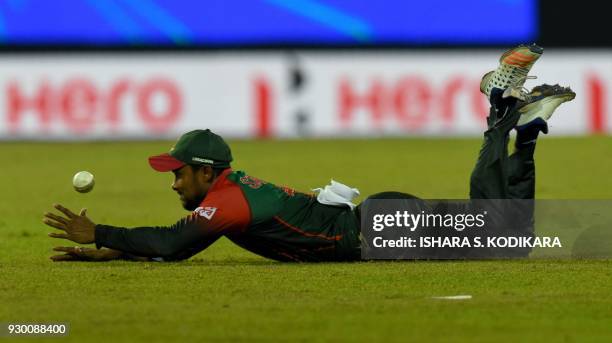 Bangladesh cricketer Sabbir Rahman stop the ball during the third Twenty20 international cricket match between Bangladesh and Sri Lanka of the...