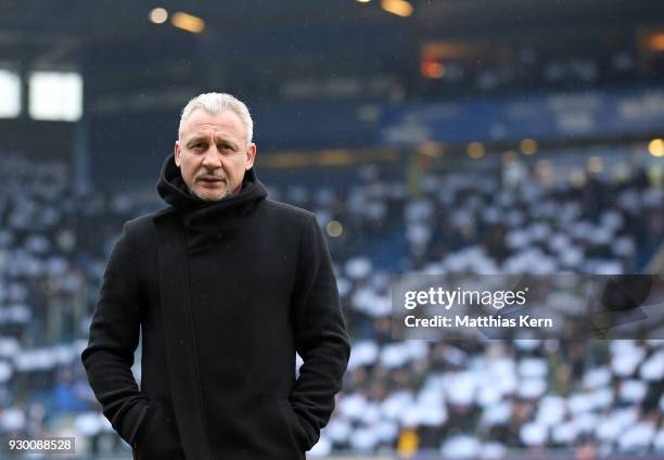 Head coach Pavel Dotchev of Rostock looks on prior to the 3.Liga match between FC Hansa Rostock and SC Paderborn 07 at Ostseestadion on March 10,...