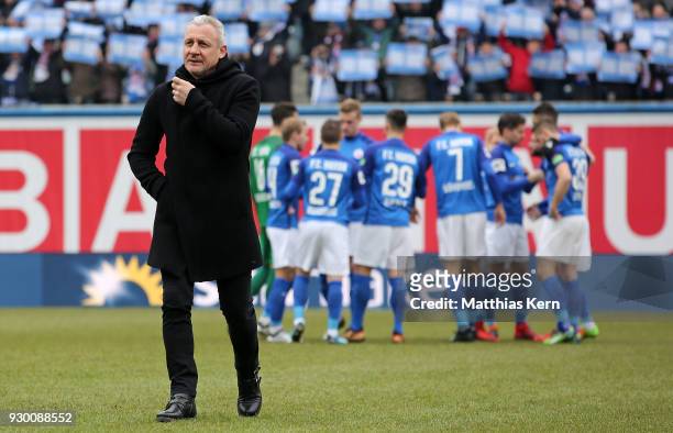 Head coach Pavel Dotchev of Rostock looks on prior to the 3.Liga match between FC Hansa Rostock and SC Paderborn 07 at Ostseestadion on March 10,...