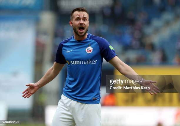 Pascal Breier of Rostock gestures during the 3.Liga match between FC Hansa Rostock and SC Paderborn 07 at Ostseestadion on March 10, 2018 in Rostock,...