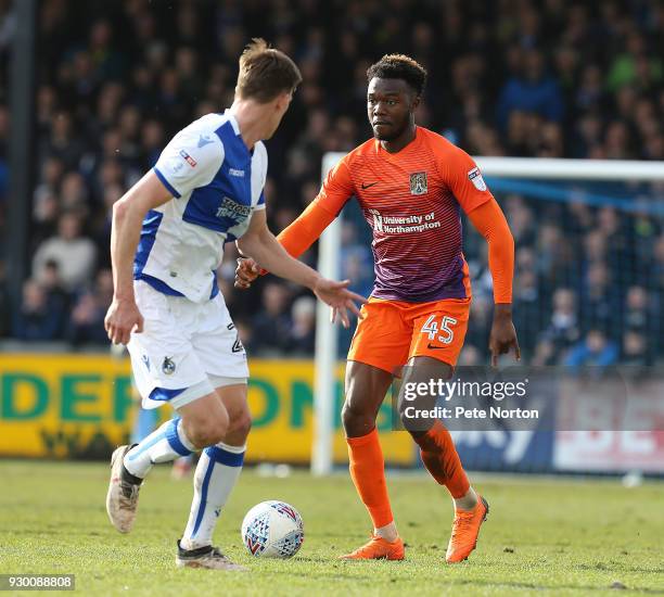 Gboly Ariyibi of Northampton town moves forward with the ball during the Sky Bet League One match between Bristol Rovers and Northampton Town at...