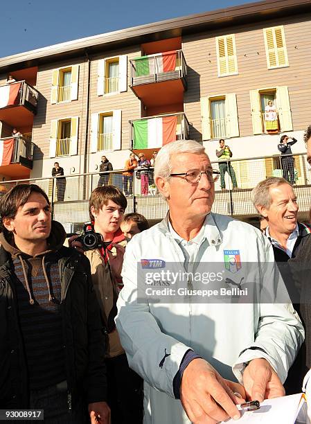 Marcello Lippi the head coach of Italy and Guido Bertolaso during the Italy National Soccer Team visit to the earthquake striken areas of L'Aquila,...