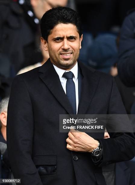 Paris Saint-Germain's Qatari president Nasser Al-Khelaifi attends the French Ligue 1 football match between Paris Saint-Germain and Metz at the Parc...