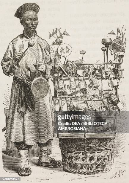 Travelling toy vendor, Beijing, China, drawing by Adrien Marie from a photograph by Morache, from Beijing and North China, by T Choutze pseudonym of...