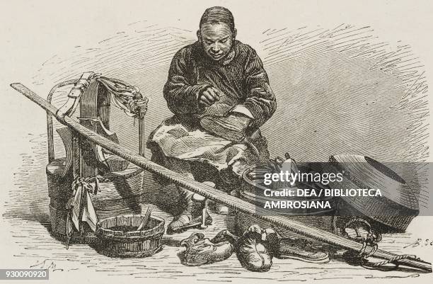 Chinese shoemaker, Beijing, China, drawing by Etienne Ronjat from a photograph by Morache, from Beijing and North China, by T Choutze pseudonym of...