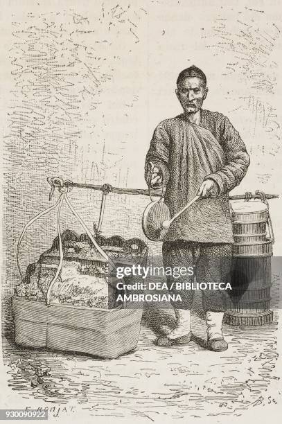 Sweet seller, Beijing, China, drawing by Etienne Ronjat from a photograph by Morache, from Beijing and North China, by T Choutze pseudonym of Gabriel...