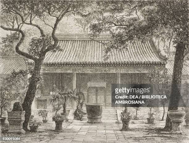 Convent chapel in the eunuch cemetery, China, drawing by Thomas Taylor from a photograph by Morache, from Beijing and North China, by T Choutze...
