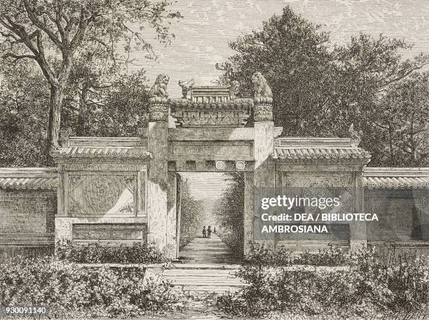 Cemetery entrance of the eunuchs, China, drawing by Thomas Taylor from a photograph by Morache, from Beijing and North China, by T Choutze pseudonym...