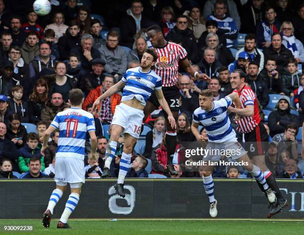 Lamine Kone of Sunderland wins a header during the Sky Bet Championship match between Queens Park Rangers and Sunderland at Loftus Road on March 10,...