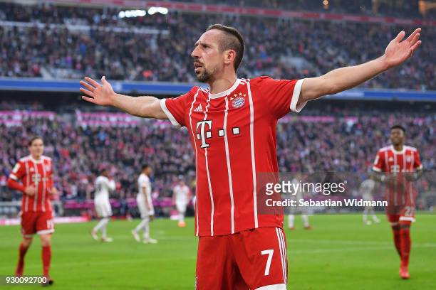 Franck Ribery of Bayern Muenchen celebrates after he scored a goal to make it 5:0 during the Bundesliga match between FC Bayern Muenchen and...