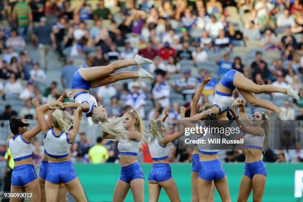 The Bulldogs dance crew perform during the round one NRL match between the Canterbury Bulldogs and the Melbourne Storm at Perth Stadium on March 10,...