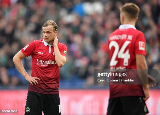 Iver Fossum of Hannover looks dejected during the Bundesliga match between Hannover 96 and FC Augsburg at HDI-Arena on March 10, 2018 in Hanover,...