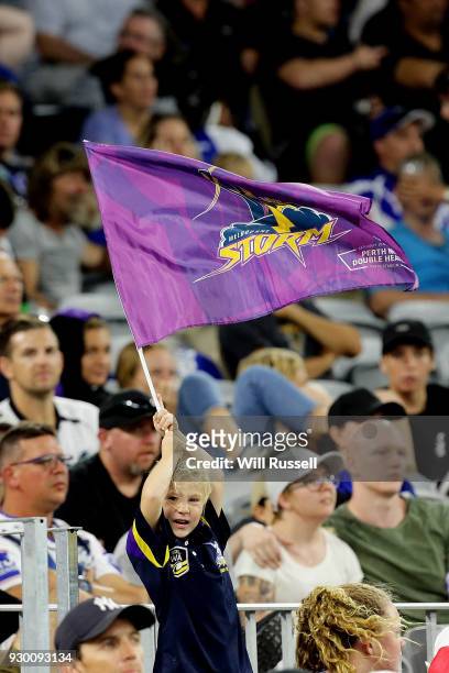 Fans show their support during the round one NRL match between the South Sydney Rabbitohs and the New Zealand Warriors at Optus Stadium on March 10,...