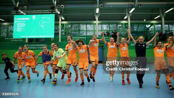 The team of Hoffenheim celebrates winning the final match between TSG 1899 Hoffenheim and DFC Westsachen Zwickau 2-0 of the C Junior Girl's German...