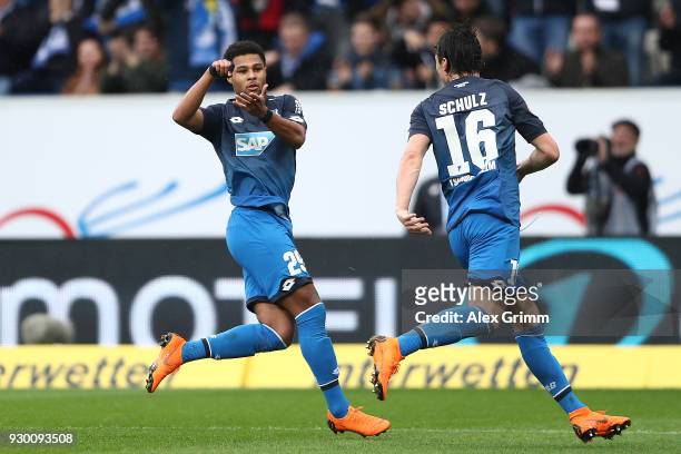 Serge Gnabry of Hoffenheim celebrates after he scored a goal to make it 2:0, together with Nico Schulz of Hoffenheim , during the Bundesliga match...