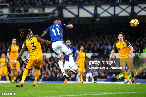 Gaetan Bong of Brighton and Hove Albion scores an own goal during the Premier League match between Everton and Brighton and Hove Albion at Goodison...