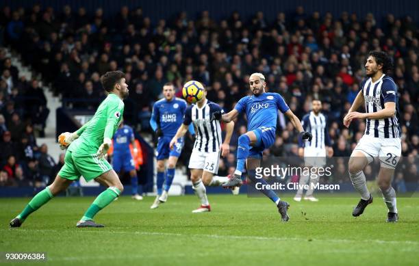 Riyad Mahrez of Leicester City scores his sides second goal during the Premier League match between West Bromwich Albion and Leicester City at The...