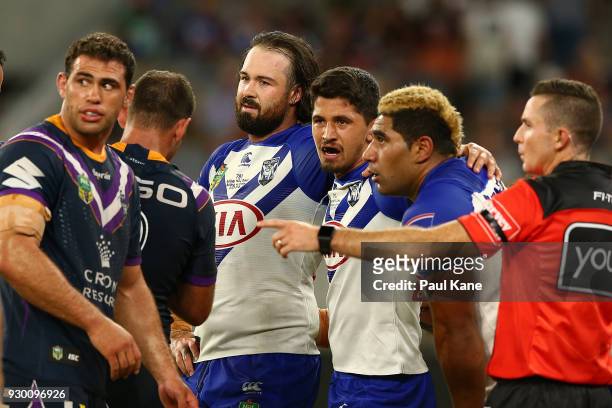 Aaron Woods of the Bulldogs looks on while waiting to set the scrum during the round one NRL match between the Canterbury Bulldogs and the Melbourne...