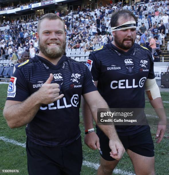 Akker van der Merwe of the Cell C Sharks with John-Hubert Meyerof the Cell C Sharks during the Super Rugby match between Cell C Sharks and Sunwolves...